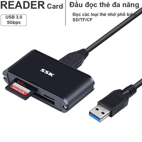 Đầu đọc thẻ nhớ đa năng SD Micro SD TF CF USB 3.0 - Reader card all in one USB 3.0 SSK SCRM-630