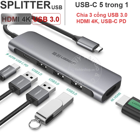 Bộ chia USB-C ra 3 cổng USB 3.0 HDMI 4K USB-C PD 100W Ugreen 50209