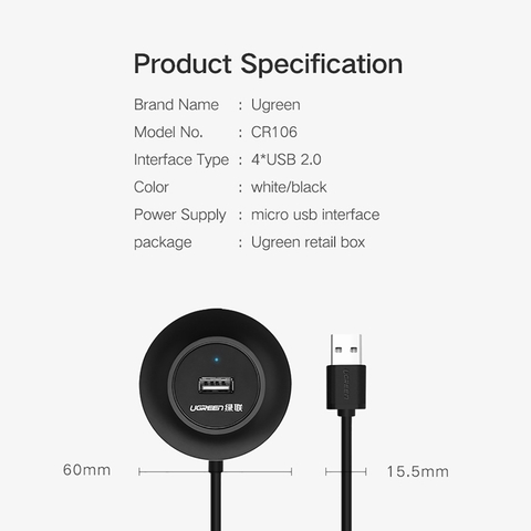 Bộ chia 4 cổng USB 2.0 Ugreen CR106 20277 cáp dài 1 mét có hỗ trợ nguồn ngoài