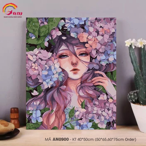 Tranh số hóa tự tô màu cô gái hoa cẩm tú cầu mã AN0900