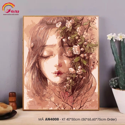Tranh sơn dầu số hóa tự tô màu theo số cô gái hoa rơi lệ AN4008