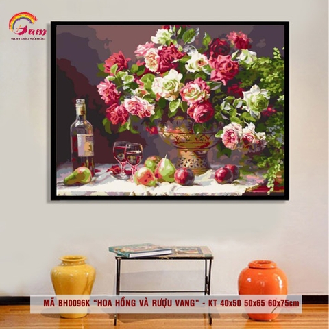 Tranh sơn dầu số hóa tự tô màu theo số GAM - Mã BH0096K Hoa hồng và rượu vang