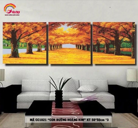 Bộ 3 tranh sơn dầu số hóa tự tô màu DIY phong cảnh mùa thu - Mã CC1021 Con đường lá vàng