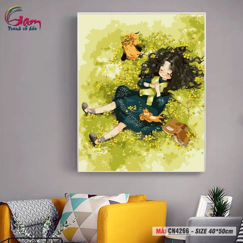 Tranh tô màu số hóa Gam treo tường trang trí cô bé thư giãn trên đồng hoa CN4266