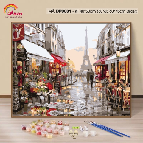 Tranh tự vẽ tự tô màu theo số sơn dầu số hóa Gam phong cảnh phố hoa Paris tháp Eifel DP0001