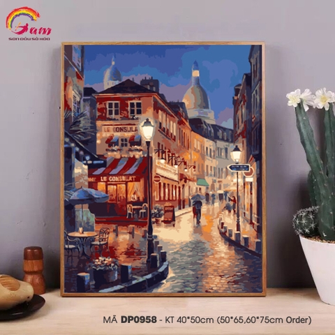 Tranh tự vẽ tự tô màu theo số sơn dầu số hóa Gam cảnh đêm đường phố phố cổ Châu Âu DP0958