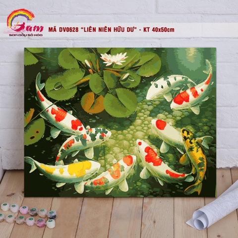 Tranh sơn dầu số hoá cá chép hoa sen Gam DV0628