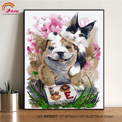 Tranh tô màu theo số sơn dầu số hóa DV0827 Tranh thú cưng con vật đôi bạn chó và mèo Paint by numbers kit