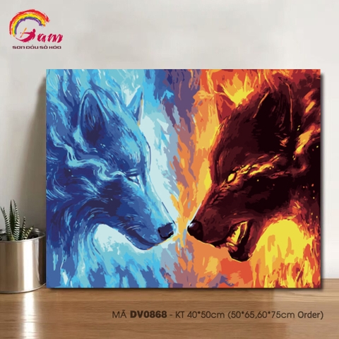 Tranh tô màu theo số DV0868 Tranh sơn dầu số hóa động vật Sói băng và Sói lửa