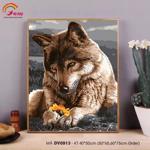 Tranh tự tô màu theo số sơn dầu số hóa Gam Tranh chó sói dịu dàng bên hoa dại DV0913