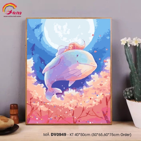 Tranh tô màu theo số sơn dầu số hóa Gam Tranh trừu tượng cô bé nằm ngủ trên lưng cá DV0949