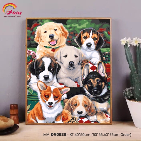 Tranh tự tô màu theo số động vật Gam Tranh đàn chó dễ thương DV0989