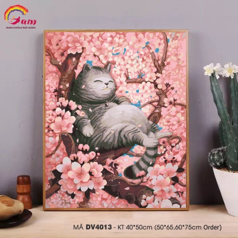 Tranh tô màu theo số Gam Mèo mập hoa đào DV4013