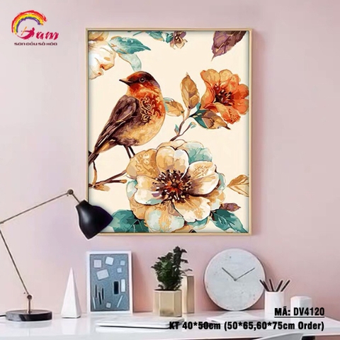 Tranh sơn dầu số hóa tự tô Gam Chim và hoa DV4120
