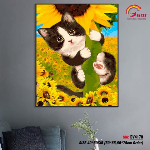 Tranh tô màu theo số Gam mèo và hoa hướng dương DV4170