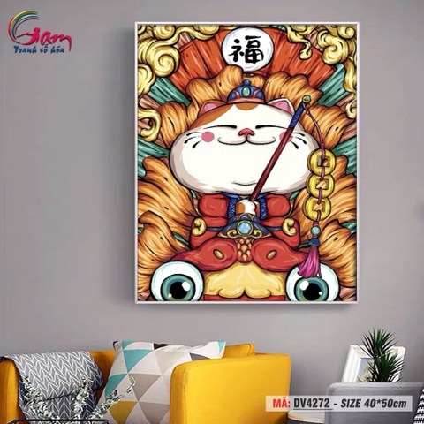 Tranh trang trí tự tô màu theo số Gam Mèo chiêu tài chữ Phúc DV4272
