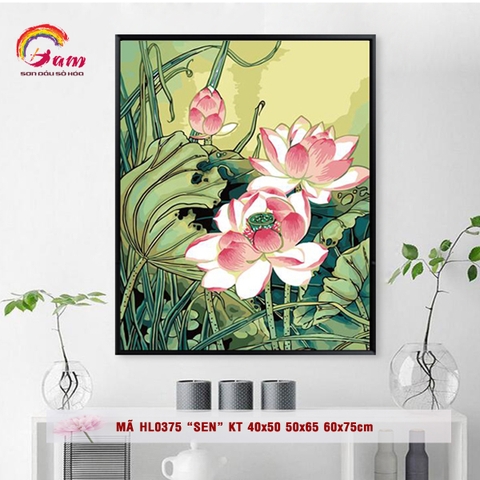 Tranh sơn dầu số hóa tự tô màu Gam Tranh hoa sen sen hồng mã HL0375