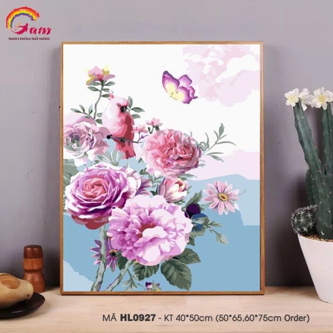 Tranh tự tô màu sơn dầu số hóa Gam Tranh Hoa mẫu đơn và chim nhẹ nhàng đơn giản treo phòng khách HL0927