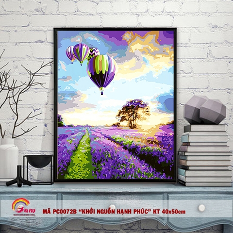 Tranh số hóa tự tô màu theo số Gam - Tranh khinh khí cầu đồng hoa Lavender Khơi nguồn hạnh phúc mã PC0072B