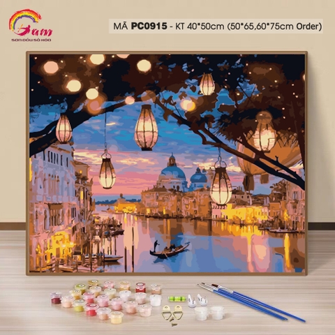 Tranh tô màu theo số sơn dầu số hóa cảnh đêm Venice đèn lồng PC0915
