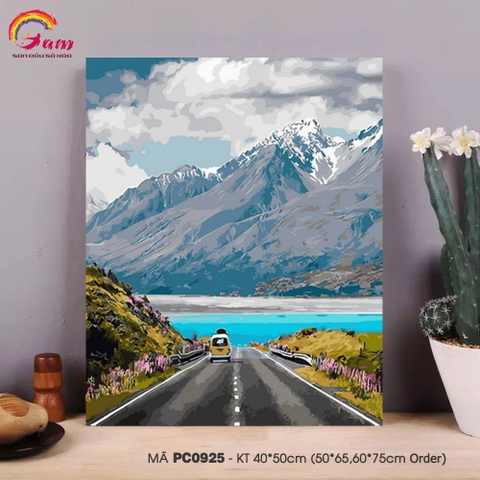 Tranh tự tô màu theo số sơn dầu số hóa Gam Tranh phong cảnh thiên nhiên dòng sông núi tuyết PC0925
