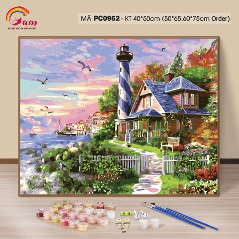 Tranh tự vẽ tự tô màu theo số sơn dầu số hóa Gam Ngọn hải đăng trên bờ biển mùa xuân PC0962