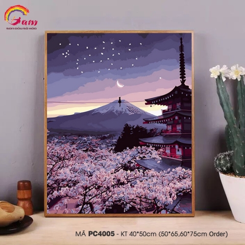 Tranh sơn dầu tự tô theo số Cảnh đêm núi Phú Sĩ hoa anh đào Nhật Bản PC4005 5ml