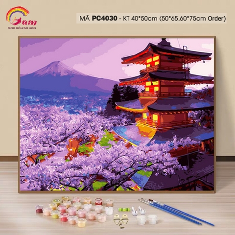 Tranh sơn dầu số hóa tự tô màu theo số Hoa anh đào Núi Phú Sĩ Nhật Bản PC4030