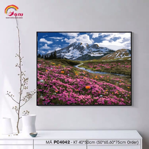 Tranh sơn dầu số hóa tự tô màu Gam phong cảnh đồng hoa tím núi tuyết PC4042