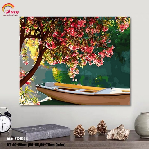 Tranh tô màu theo số sơn dầu số hóa Gam phong cảnh hồ nước nắng sớm PC4068