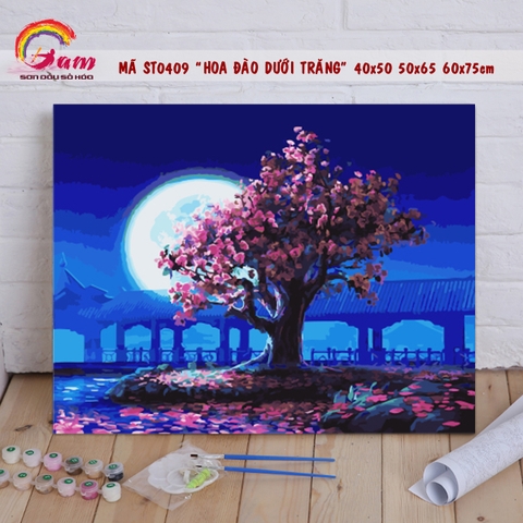 Tranh tự tô sơn dầu số hoá phong cảnh - Mã ST0409 Cây hoa đào dưới trăng