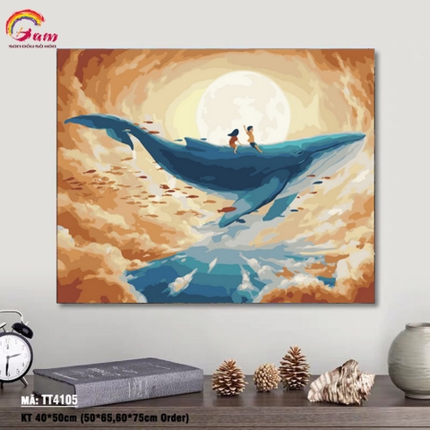 Tranh sơn dầu số hóa tự tô màu Tranh trừu tượng cá voi xanh TT4105
