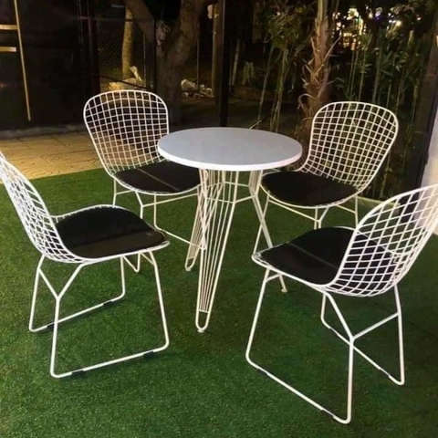 Bàn ghế cafe khung sắt - nan đan - Viền cong & không tay
