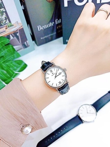 Đồng Hồ Swiza Nữ Dây Da Đen Mặt Trắng Case 31mm