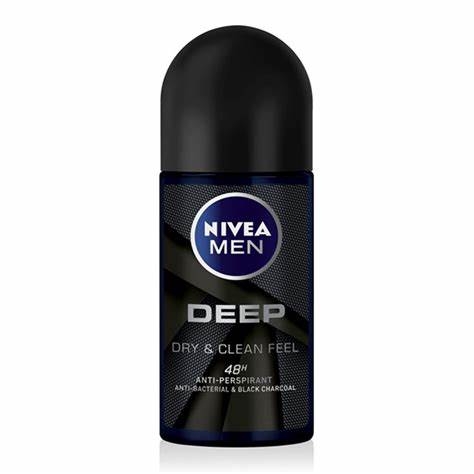 Lăn khử mùi Nivea Men Deep Dry&Clean Feel 48h than hoạt tính 50ml