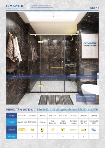 SET 41-PHÒNG TẮM 180 (Bản Lề Dài -Hệ Giằng Thanh Inox 25*25-Mạ PVD)