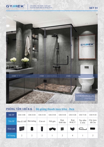 SET 51-PHÒNG TẮM 180 (  Hệ Giằng Thanh inox Tròn  -Đen )