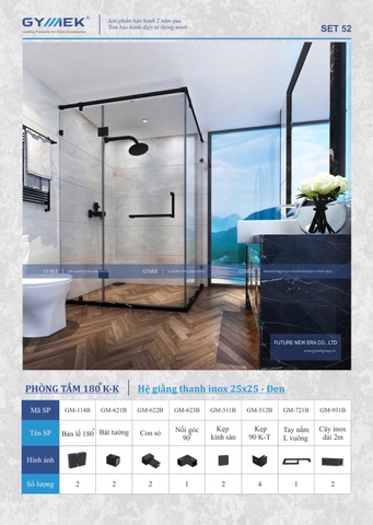 SET 52-PHÒNG TẮM 180 (  Hệ Giằng Thanh inox 25*25  -Đen )