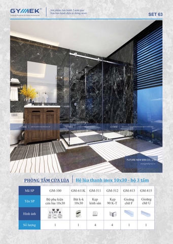 SET 63-PHÒNG TẮM LÙA 10×30 (Hệ Lùa Thanh inox 10*30 -Bộ Ba Tấm )