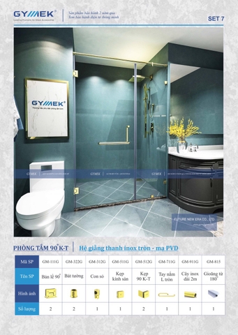 SET 07-PHÒNG TẮM 90 K-T (Hệ Giằng Thanh inox Tròn -Mạ PVD)
