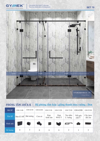 SET 70-PHÒNG TẮM 180 (  Hệ Phòng Tắm Kép / Giằng Thanh inox Vuông -Đen )