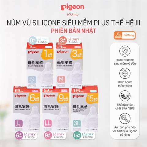 Hộp 2 Núm Ty Cổ Rộng PIGEON Nội Địa Nhật Siêu Mềm Plus WN3
