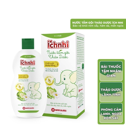 Nước Tắm Gội Thảo Dược Ích Nhi Lọ 230ml (0-3 Tuổi) Bảo Vệ Bé Suốt 24h Ngừa Rôm Sảy, Hăm Da, Mẩn Ngứa