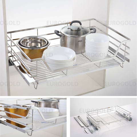 Giá xoong nồi inox mờ cao cấp, gắn cánh âm tủ Eurogold EP60B