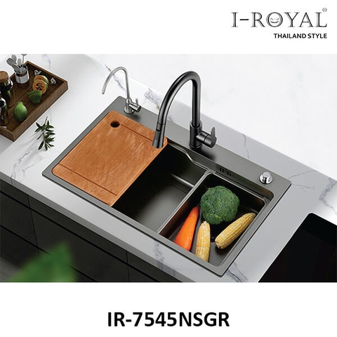 CHẬU RỬA CHÉN 7545 1 HỘC INOX MẠ NANO XÁM (THỚT GỖ + KHAY) I-ROYAL IR-7545NS GR