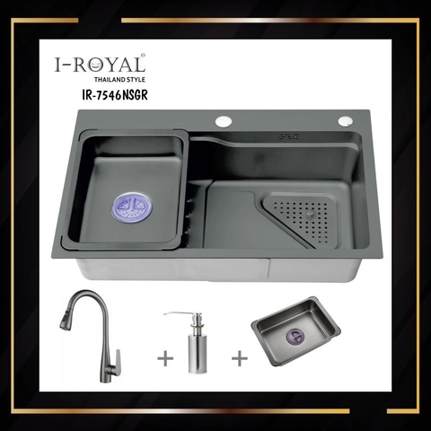 COMBO CHẬU RỬA CHÉN I-ROYAL 7546 1 HỘC INOX PHỦ NANO IR-7546NSGR