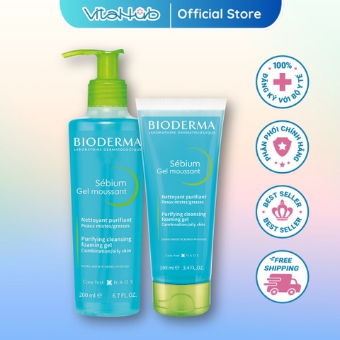 Gel rửa mặt tạo bọt, không chứa xà phòng Bioderma Sebium Gel Moussant 100ml/200ml