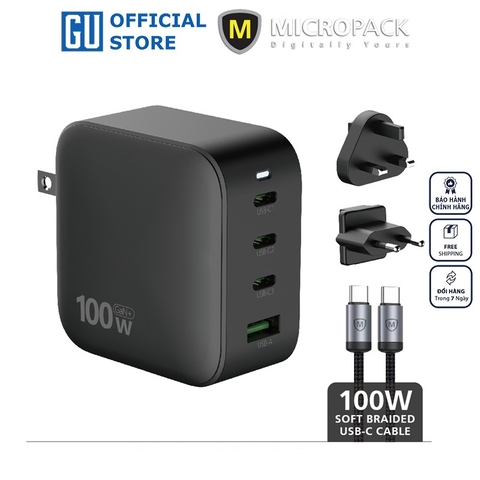 Bộ củ sạc + Cáp MicroPack POWER SERVER GaN 100W MWC-4100 Nhiều Đầu Ra 03xUSB-C Và 01xUSB-A Sạc Siêu Nhanh Nhỏ Gọn