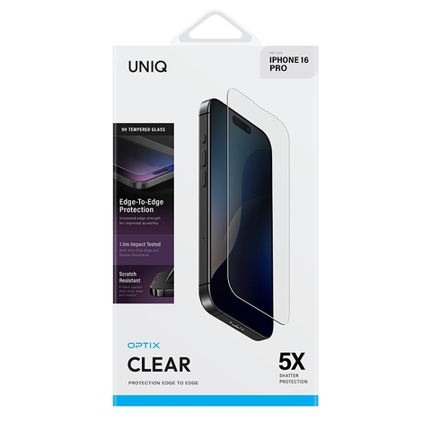 Kính Cường Lực UNIQ OPTIX CLEAR Cho iPhone 16/ 16 Plus/ 16 Pro/ 16 Pro Max Trong Suốt Hoàn Toàn Tấm Kính
