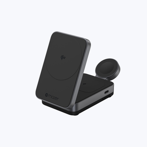 Đế Sạc Không Dây 3 in 1 Mazer MagFold Trio QI2 15W Sạc Được Cho Điện Thoại, Tai Nghe, Đồng Hồ Gấp Gọn Tiện Mang Theo